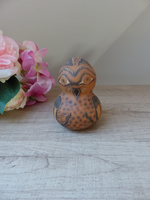 Ancienne Calebasse Courge péruvienne chouette hibou finement gravé collection artisanat vintage