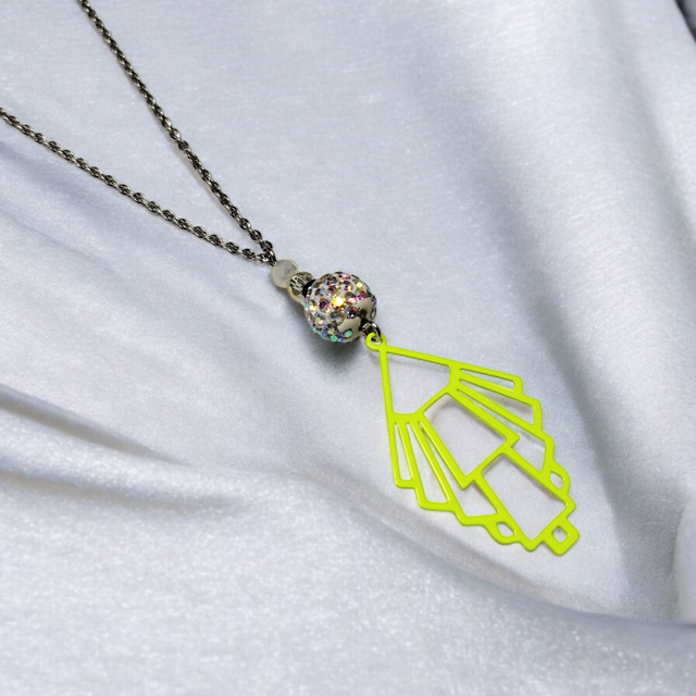 Collier acier inoxydable et cristal jaune fluo