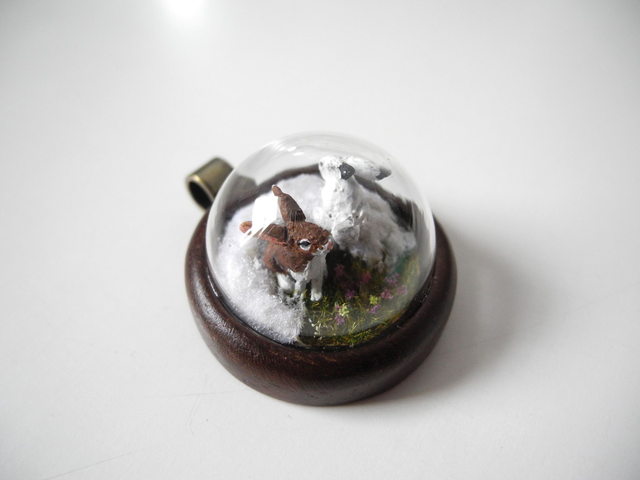 Mountain Hares - OOAK Biosphere Wood Jewelry - Clear glass globe with two delicate Mountain Hares inside– winter/spring inspired jewelry (1)