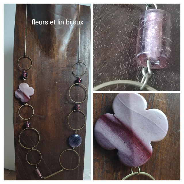 Sautoir fleur en agate rose, violine ( pierres naturelles) ,verre monté sur fil de lin réglable en pièce unique 