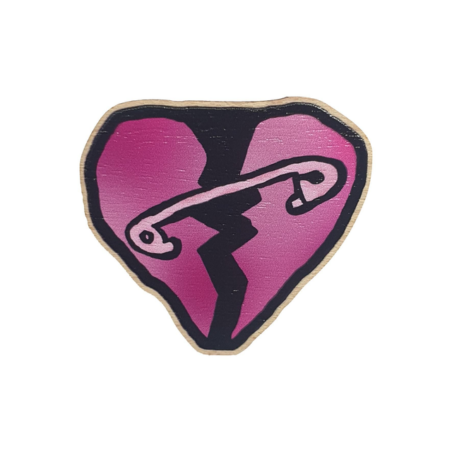 Safety Pin Heart Wooden Pin Badge