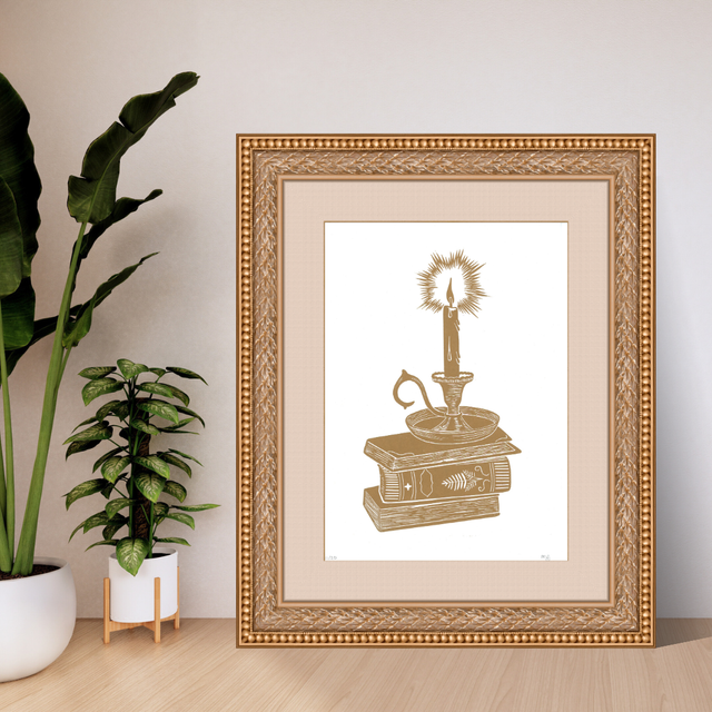 Linogravure &quot;Bougeoir&quot; – Impression artisanale A4 avec encre dorée sur papier blanc et noir