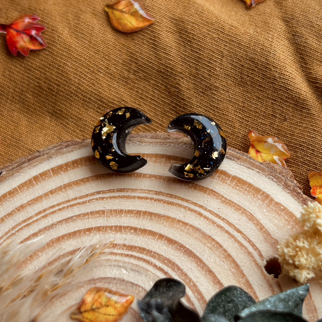 Crescent Moon Studs - Black & Gold