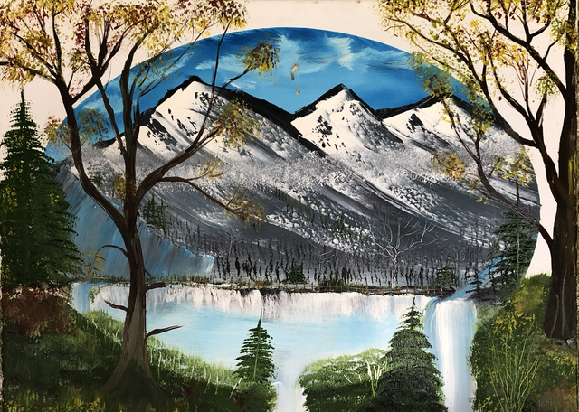 XGG06 Snow mountain lake, in oval vignette by George Goldsworthy, 24 x 18 