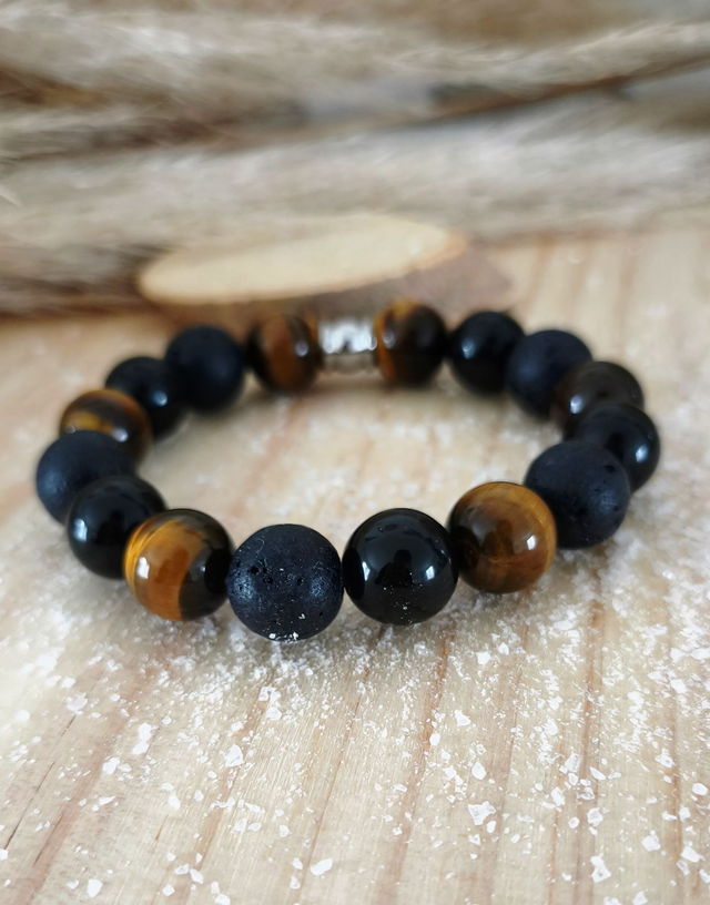 Bracelet "Triple protection" Obsidienne, Oeil de tigre et Pierre de lave