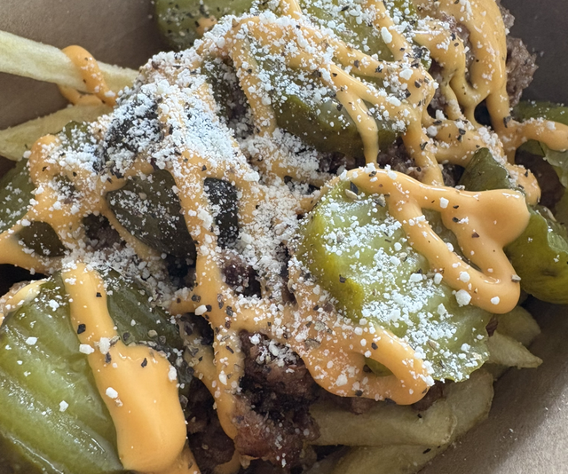 Smash Burger, Nacho Cheese Sauce & Gherkins