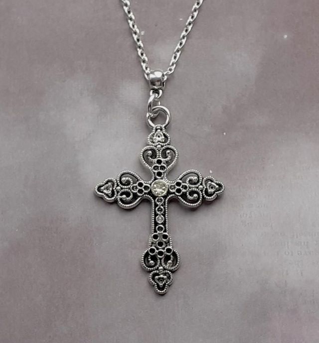 Filigree Cross Necklace with Clear Stone 