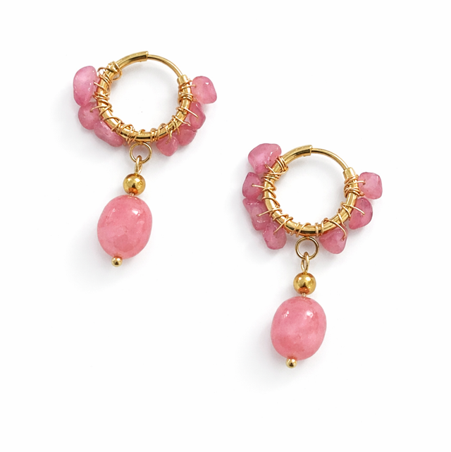 Argollas acero dorado piedras rosas 