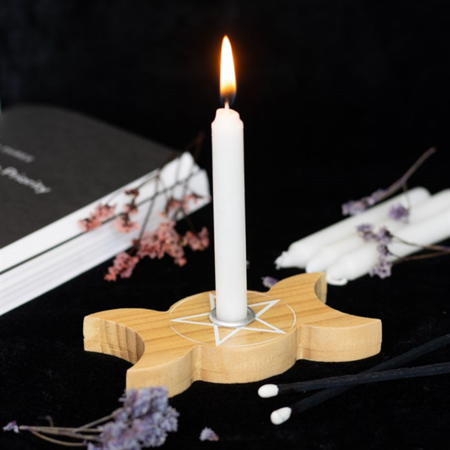 Triple Moon Spell Candle Holder in Natural Wood