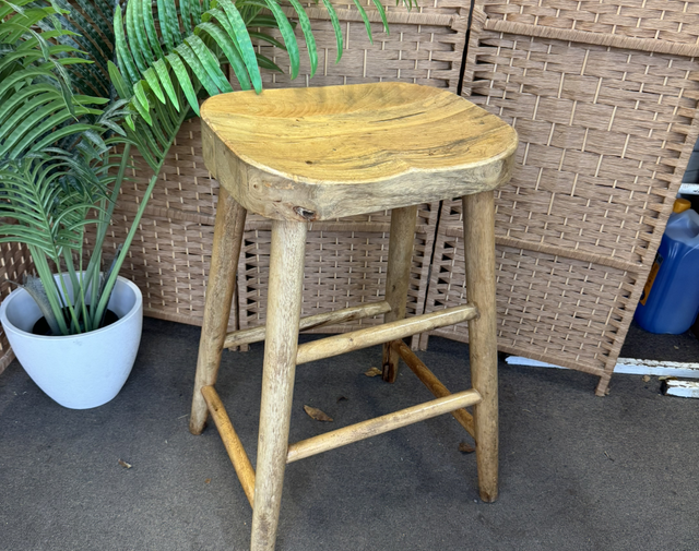 Solid Weathered Wooden Bar Stool With Shaped Seat