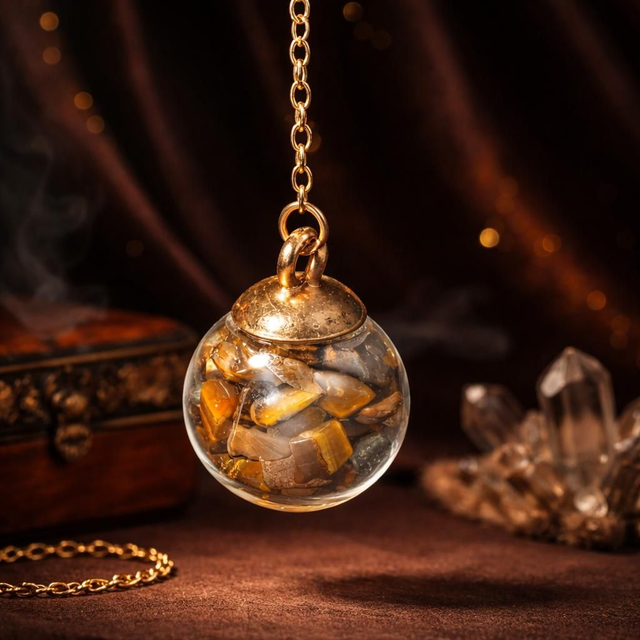 "Oeil de tigre" - Pendule bulle de verre dorée - P-18