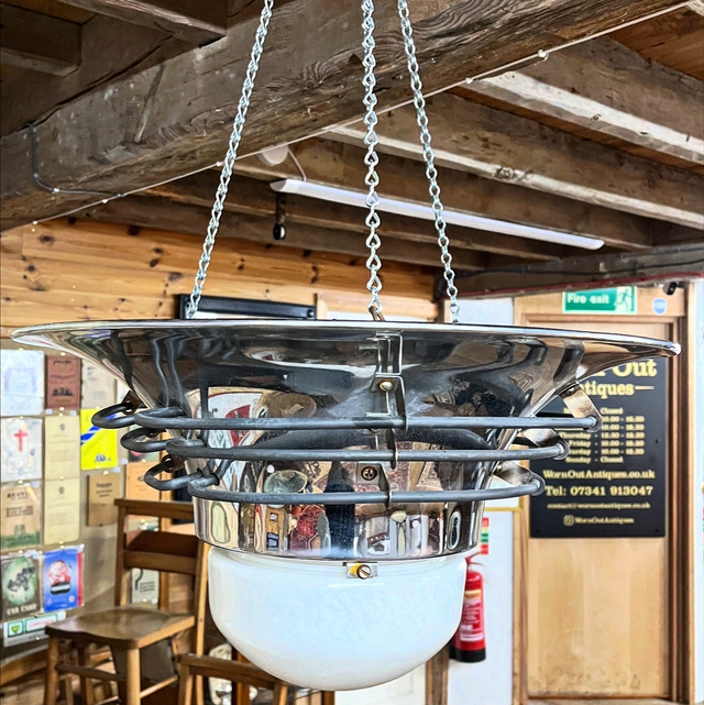 Set Of Three 1927 Industrial Church Pendant Lights Salvaged From St. Margaret’s Church, Worthing, Norfolk