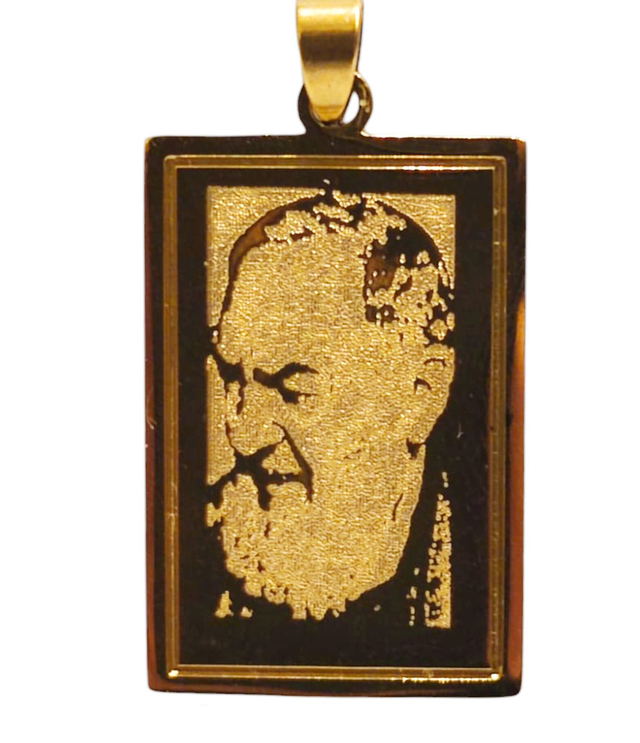  Elegante Ciondolo Medaglia di Padre Pio Piastra in Acciaio Anallergico 316 L con Incisione Fotografica Regalo del Santo Protettore colore oro