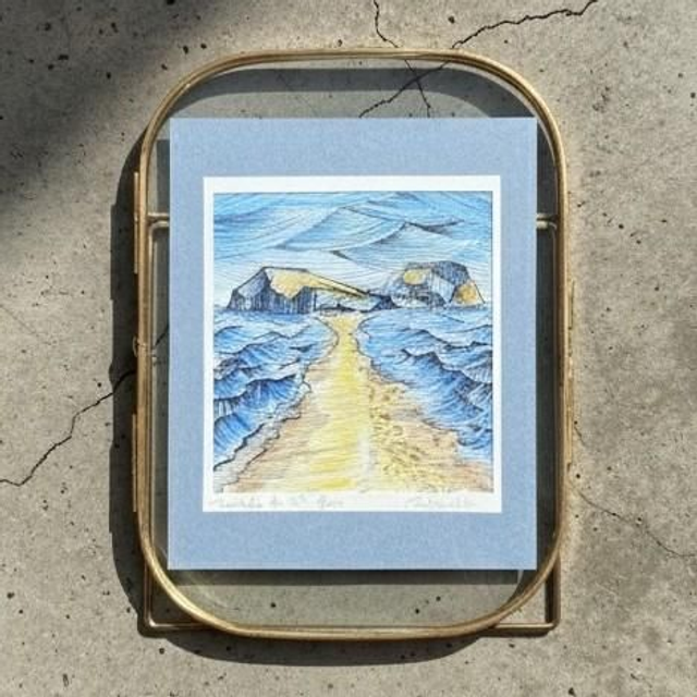 Encre et aquarelle - cadre verre - Le Tombolo de Sainte Marie - Martinique 