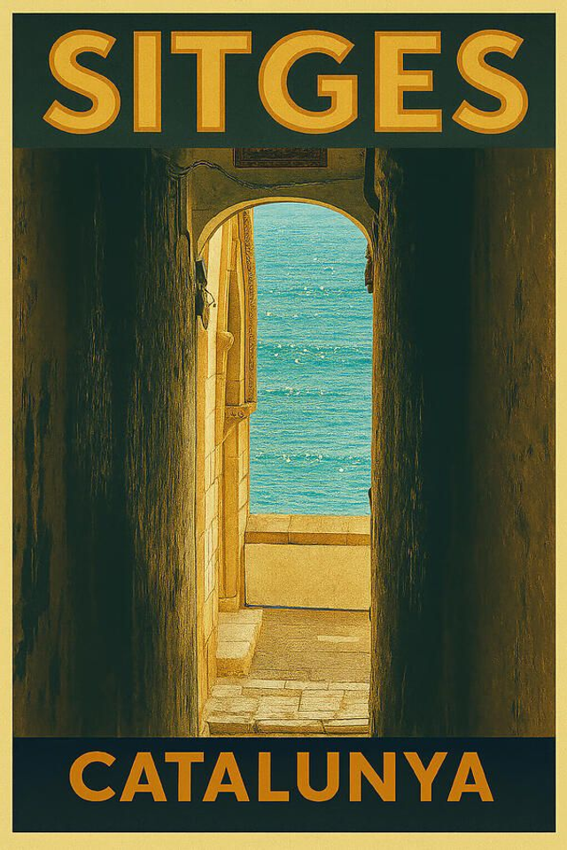Póster de viaje vintage con vistas al mar Mediterráneo de Sitges. 