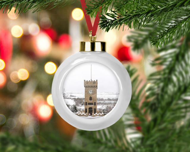 “Snow at the Clock Tower in Stocksbridge” Ceramic Bauble  