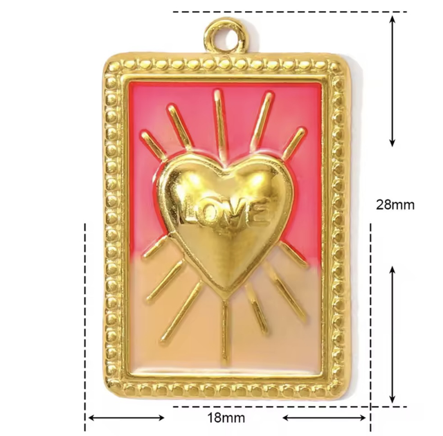 Charm rettangolo cuore love base rosa chiaro e rosa acceso