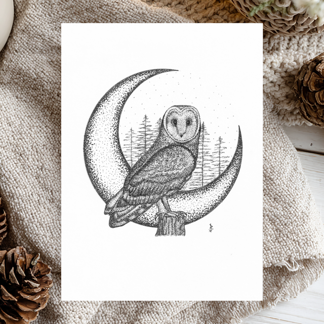 "Irish Barn Owl" Moon Pointillism Art Print (5"x7")