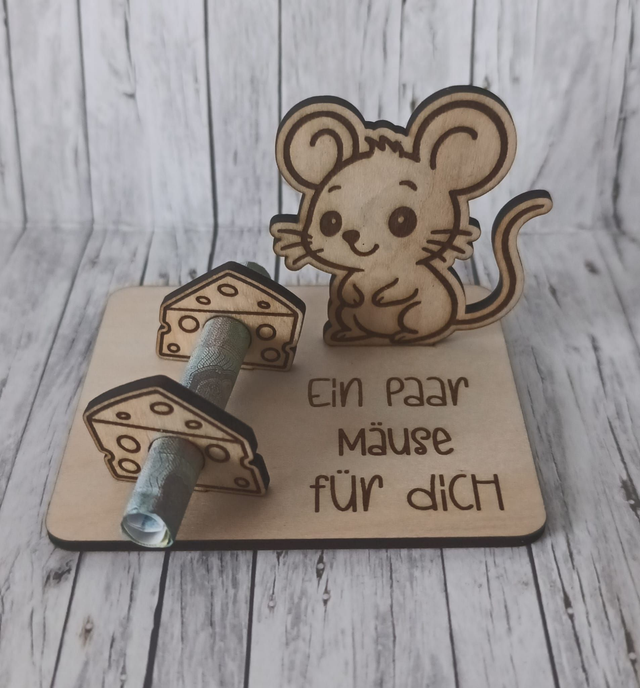 🐭 Geldgeschenk aus Holz – Mäuschen mit Käse (auch personalisiert) 🧀