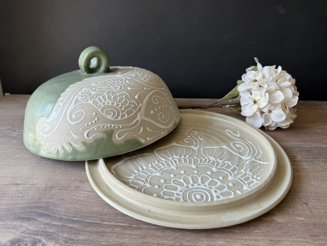 Large Ceramic Cheese Bell/Dome, cheese plate, green and white colors