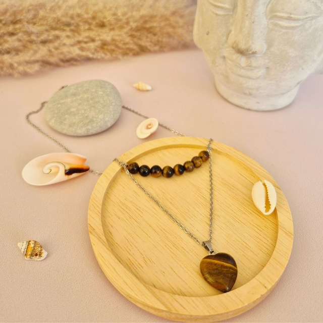 Collier SAVANA – Œil de Tigre naturel d’Afrique du Sud &amp; Cœur