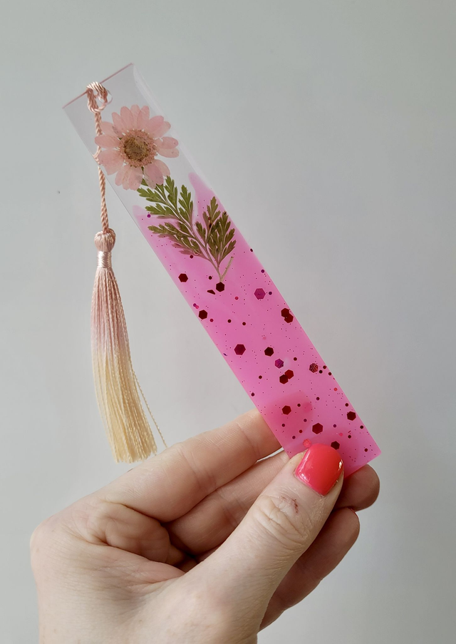 Bold Pink Glitter Floral Bookmark - Dried Pink Flower and Leaf