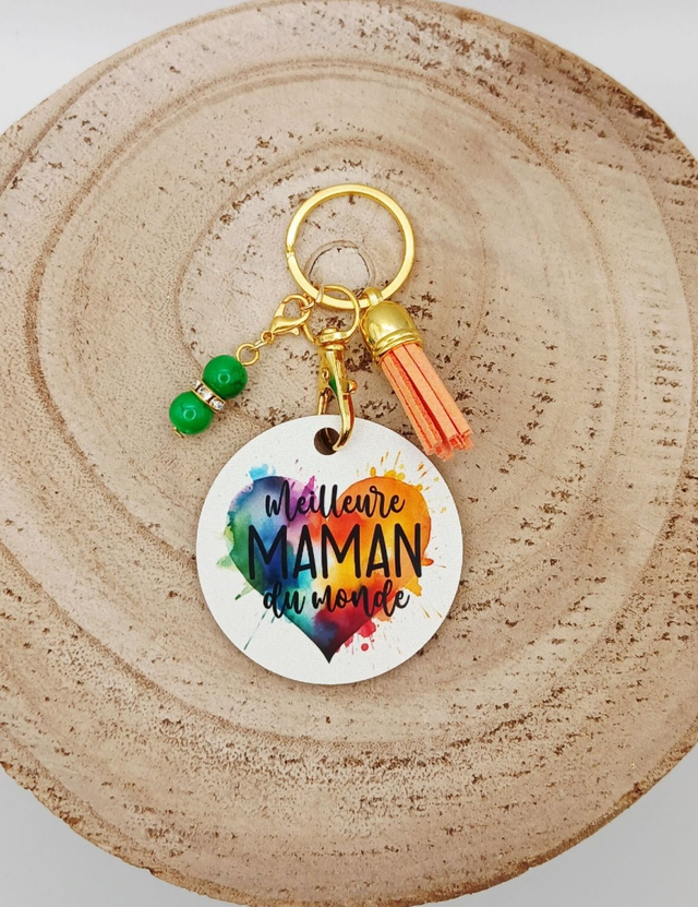 Porte-clé en MDF (bois) sublimé "Meilleure maman du monde" avec 2 breloques.