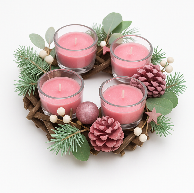 Pink Wreath with 4 Scented Candles 
