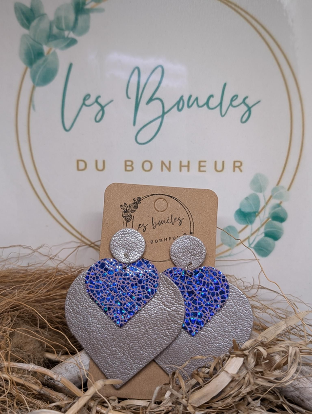 Boucles d&#039;oreilles Double coeur  argenté bleu dc069