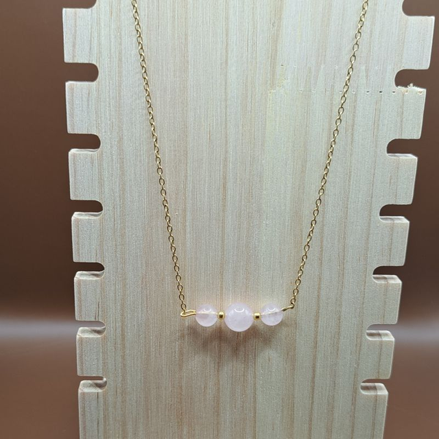 Collier 3 perles Quartz rose