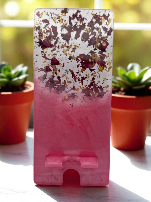 Pink & Gold Resin Phone Holder – Red Flower Petals | Handmade in Bournemouth