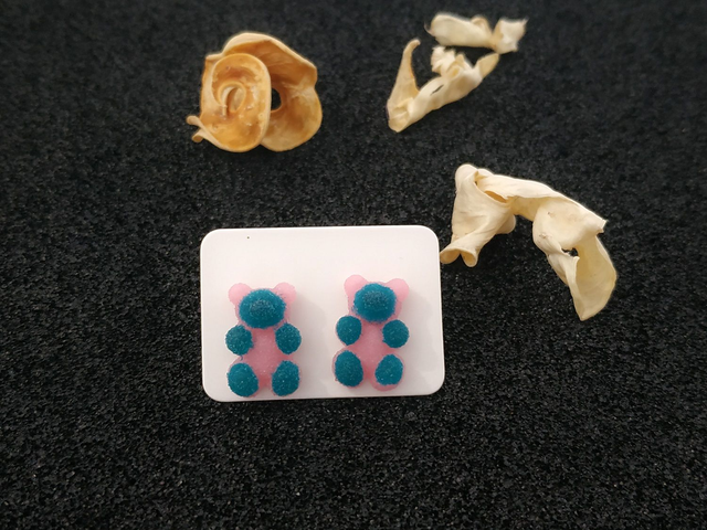 Boucles d'oreilles clous nounours bicolore rose / vert émeraude