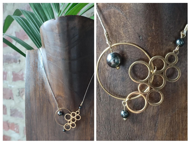 Z-Collier asymétrique perles en hématite, acier inoxydable doré monté sur fil de lin avec chaîne d&#039;extension - pièce unique 