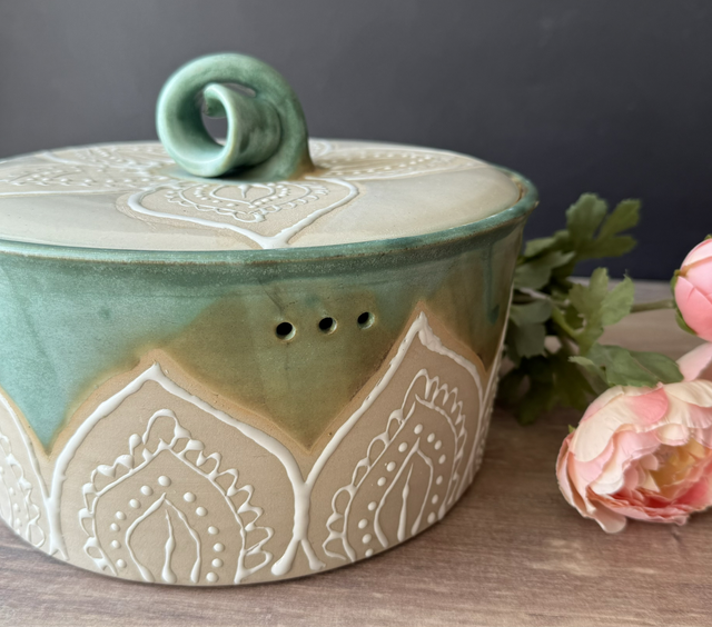 Small stoneware bread crock with hand-painted mandala patterns