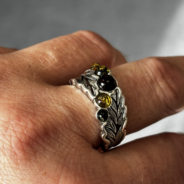 925 Sterling Silver Genuine Baltic Amber Cognac Leaf Adjustable Ring 