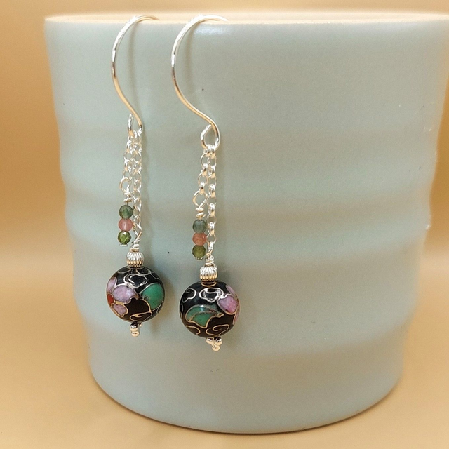 sterling silver earrings with tourmaline and vintage black enamel floral beads 