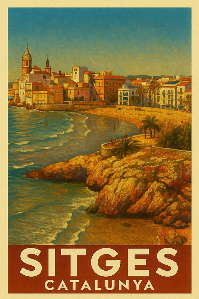 Póster turístico vintage de la ciudad costera de Sitges