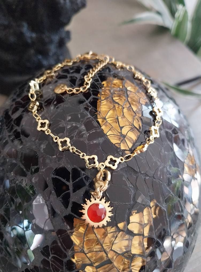  ✨Bracelet &quot;Porte-Bonheur&quot; Soleil acier pierre agate rouge✨