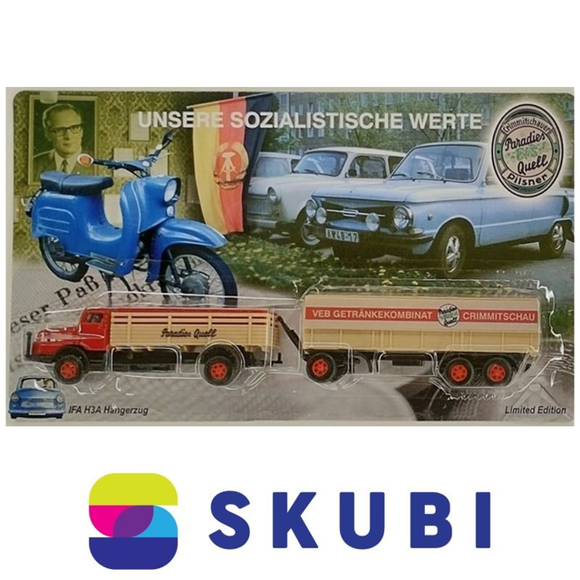 Reklamní kamion s vlekem - IFA H3A - Crimmitschauer Pilsner Paradies Quell - Unsere Sozialistische Werte - model 1:87 H0