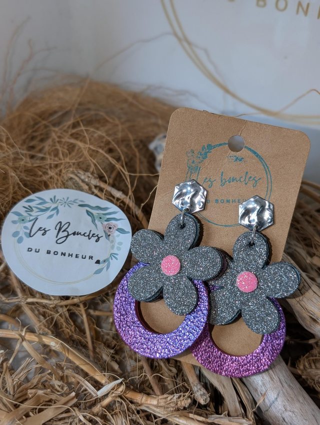 Boucles d&#039;oreilles Baby Marguerite gris paillettes bm099