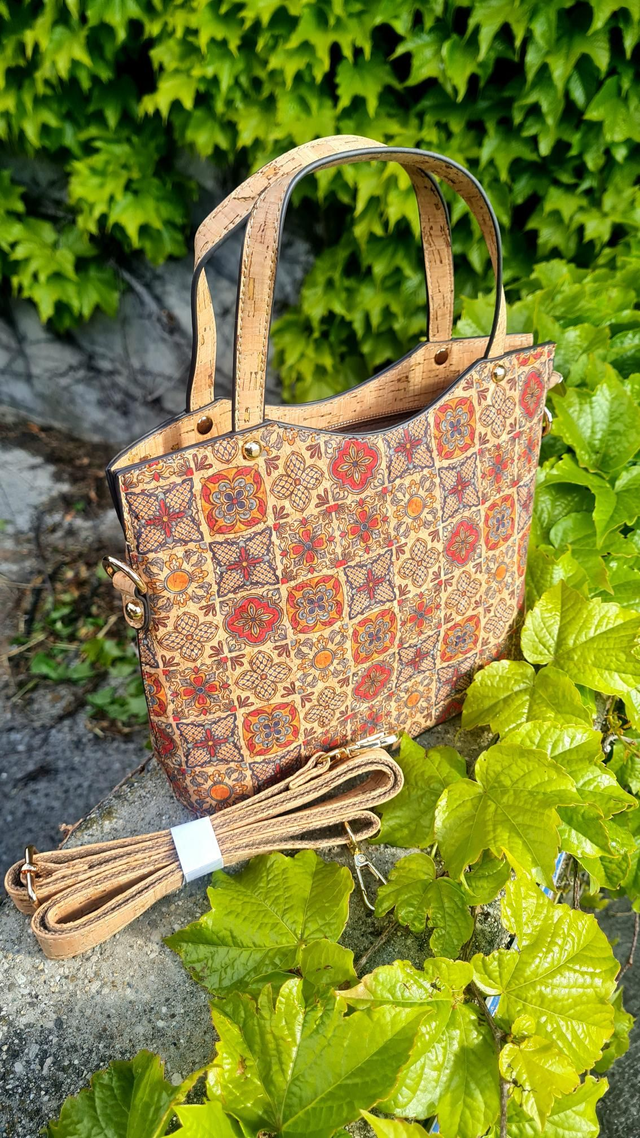 Sac à main "Cloé" (bandoulière amovible) en liège imprimé tons bleus/orangés 