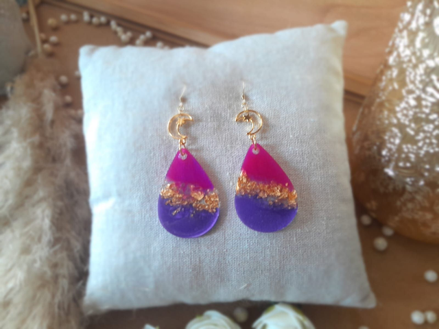 ✨ROMY✨Boucles d'oreilles en résine lune étoilée - Rose violet doré