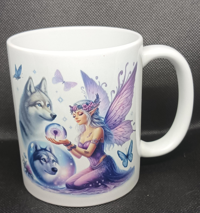 Custom Printed Fairy, Wolf and Crystal Ball Mug.
