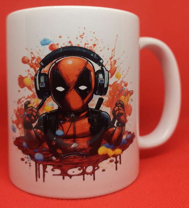 Custom Unofficial Printed Cartoon Deadpool with Headphones 11oz Boxed Mug. 
