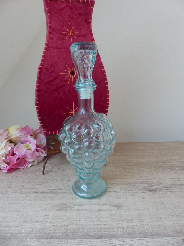 Carafe à vin italienne, bouteille en verre aqua raisins, bouteille grappes de raisins, Mod Dep Italie, souvenir saison vendanges, déco bar