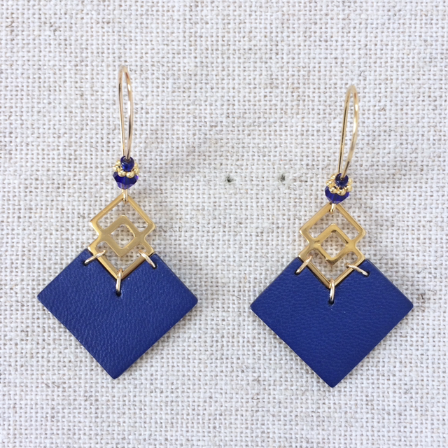 Boucles d’oreilles « Polka » dorées,  cuir bleu Roy