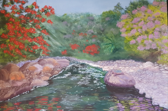 Rivière en fleurs Tableau aux pastels secs
