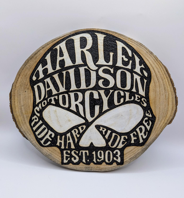 Harley Davidson handburnt wooden art slice gift