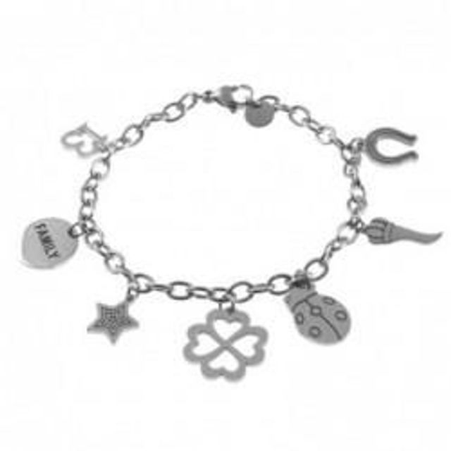 Bracciale donna in acciaio con portafortuna family 