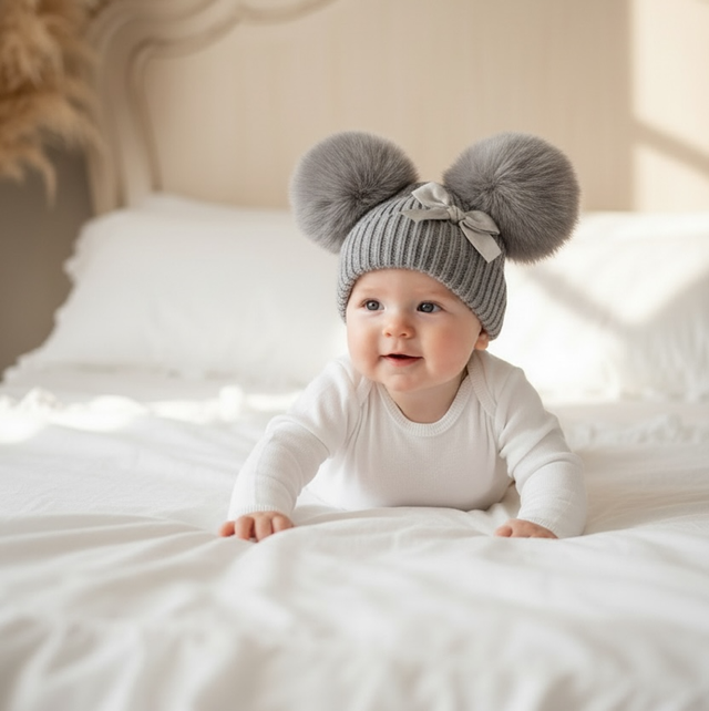 Baby’s Grey Bow PomPom Hat